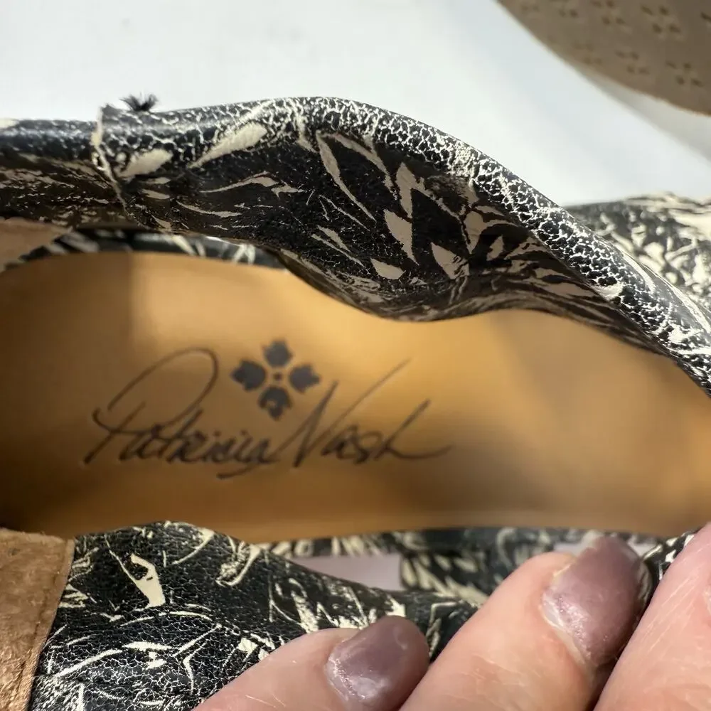PATRICIA NASH Rubia Jute Wedge Sandal Size 6.5M Black Floral Leather Strappy EUC